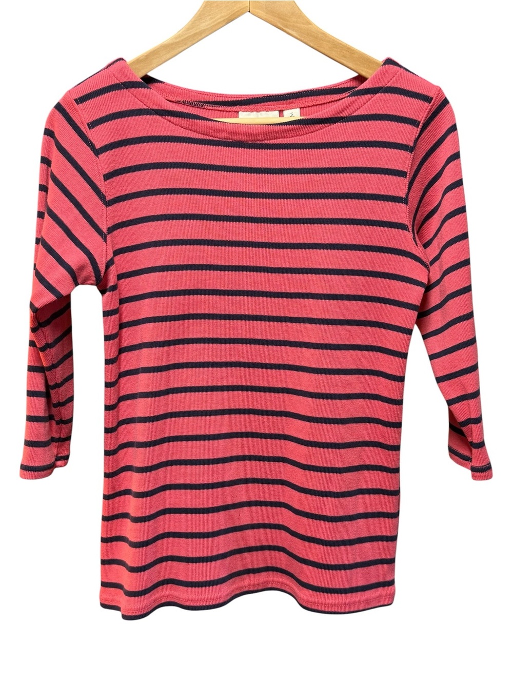L.L.Bean Coral Navy Striped Boatneck Top Small Coastal Preppy Nautical Chic